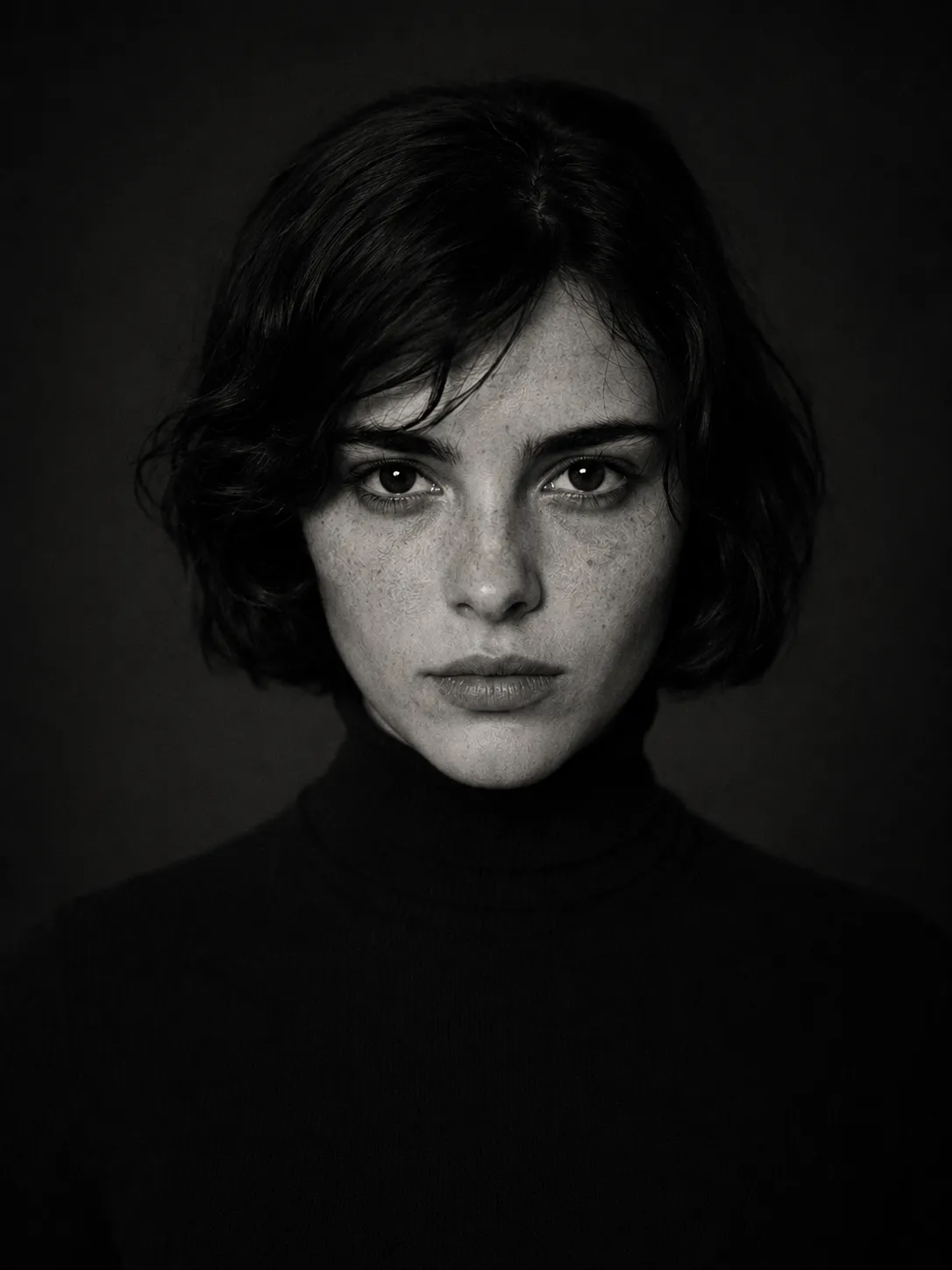 Black and white portrait of a woman in a black turtleneck, a character from Not Finished Yet
