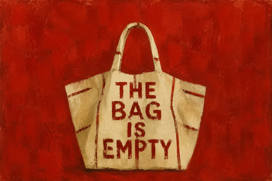 A painted cream tote bag reading The Bag Is Empty on a deep red background