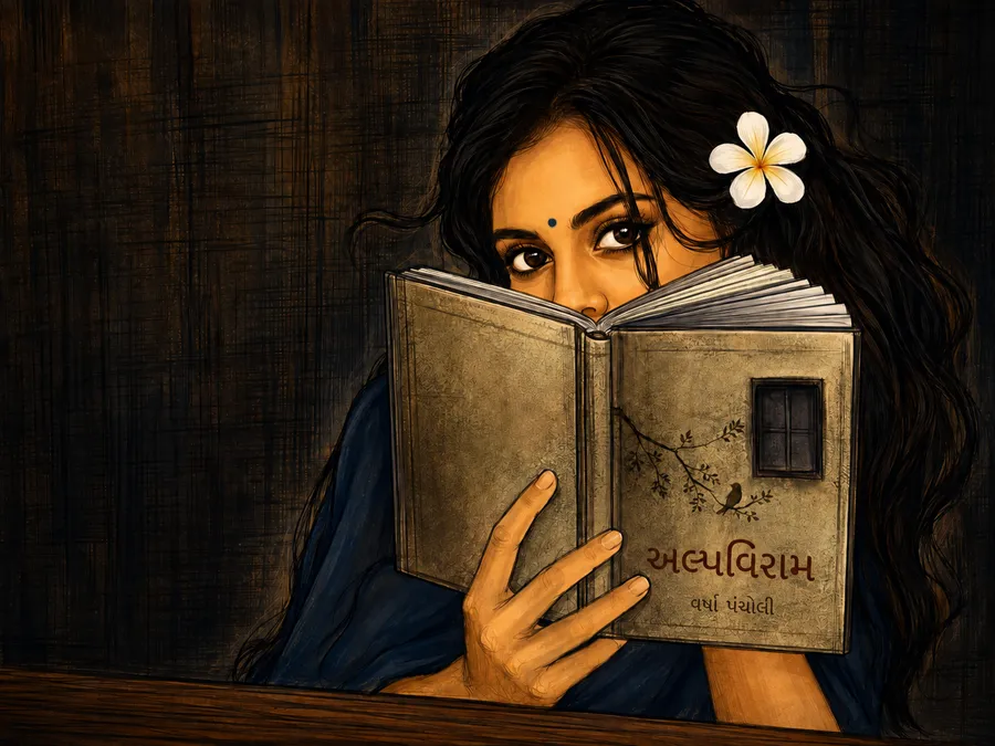 A woman with a white flower in her hair reading Alpvirãm, her face hidden behind the book