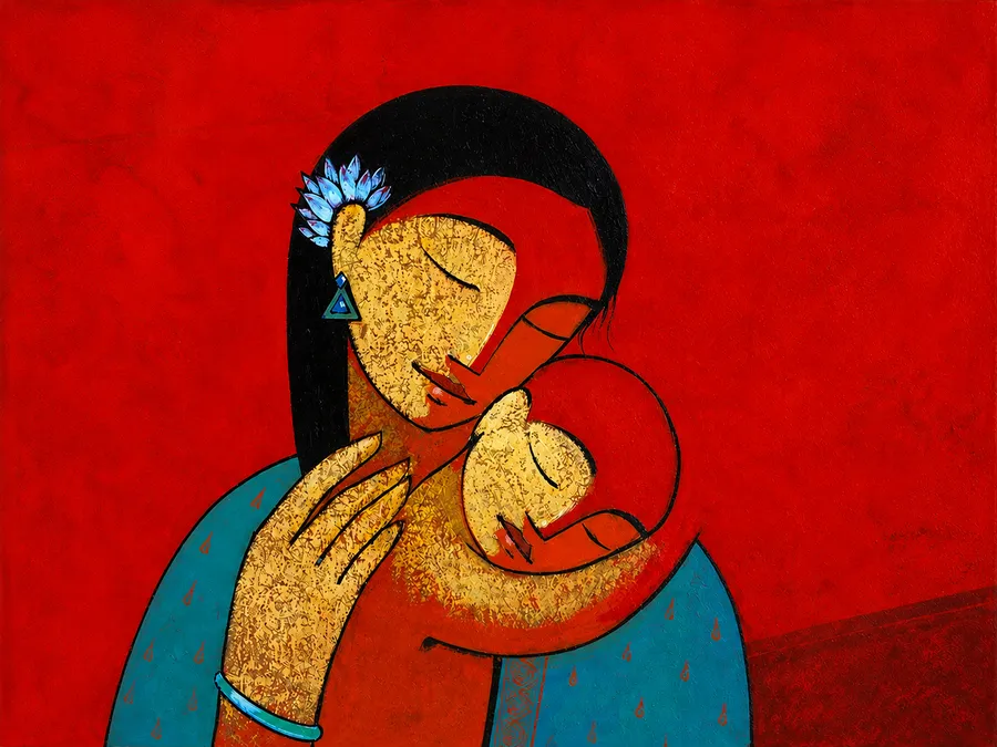 A painting of a mother holding her child close against a red background