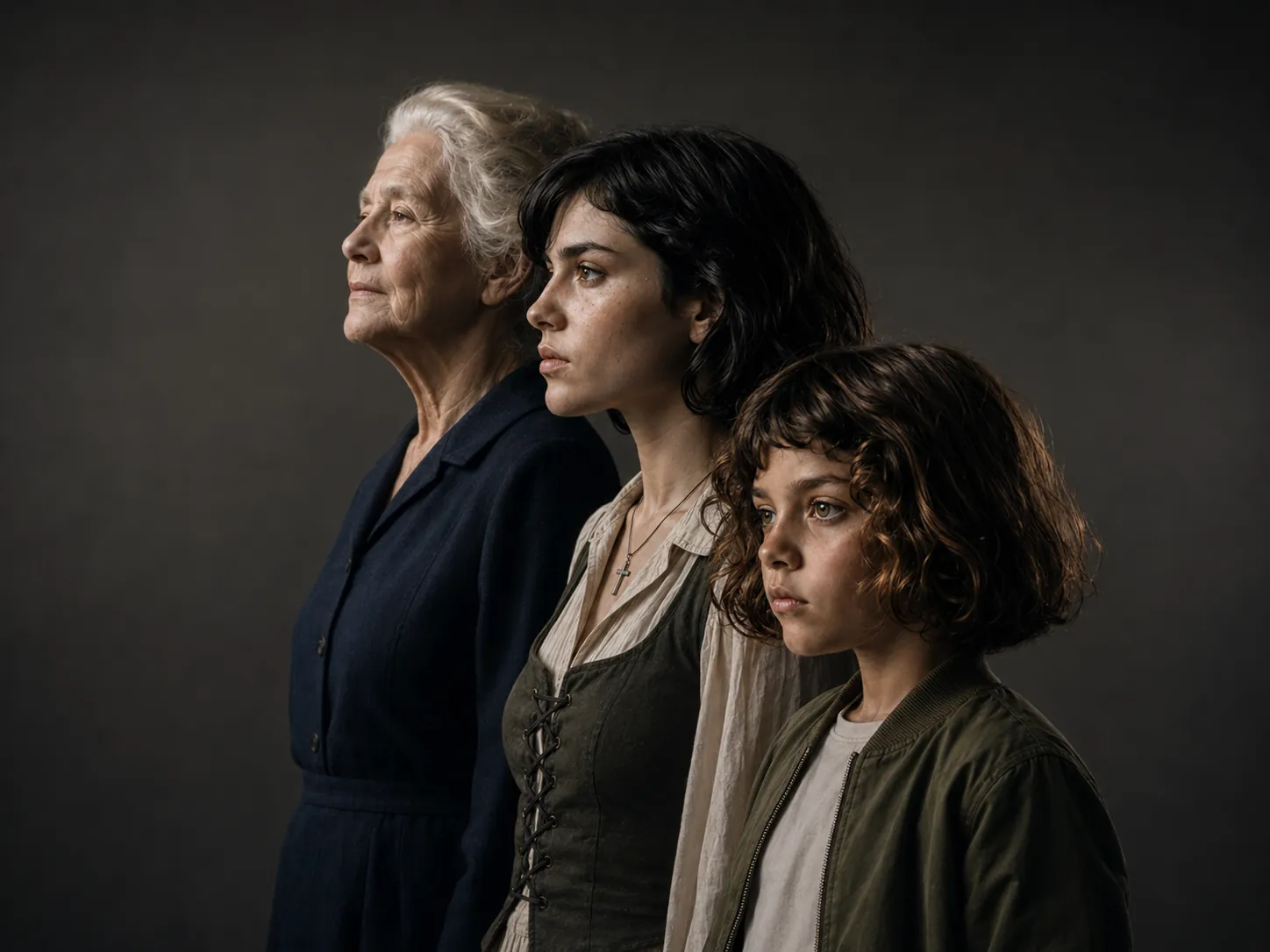 Three generations of women from Not Finished Yet in profile against a dark backdrop