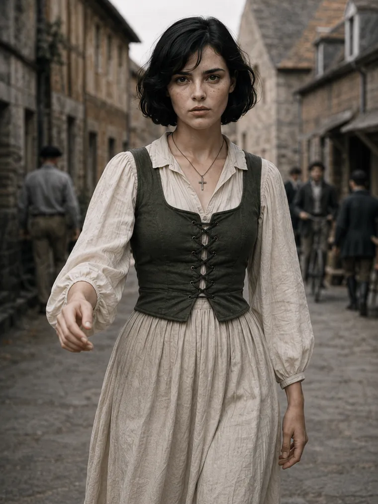 A young woman in a laced waistcoat walking through a stone street
