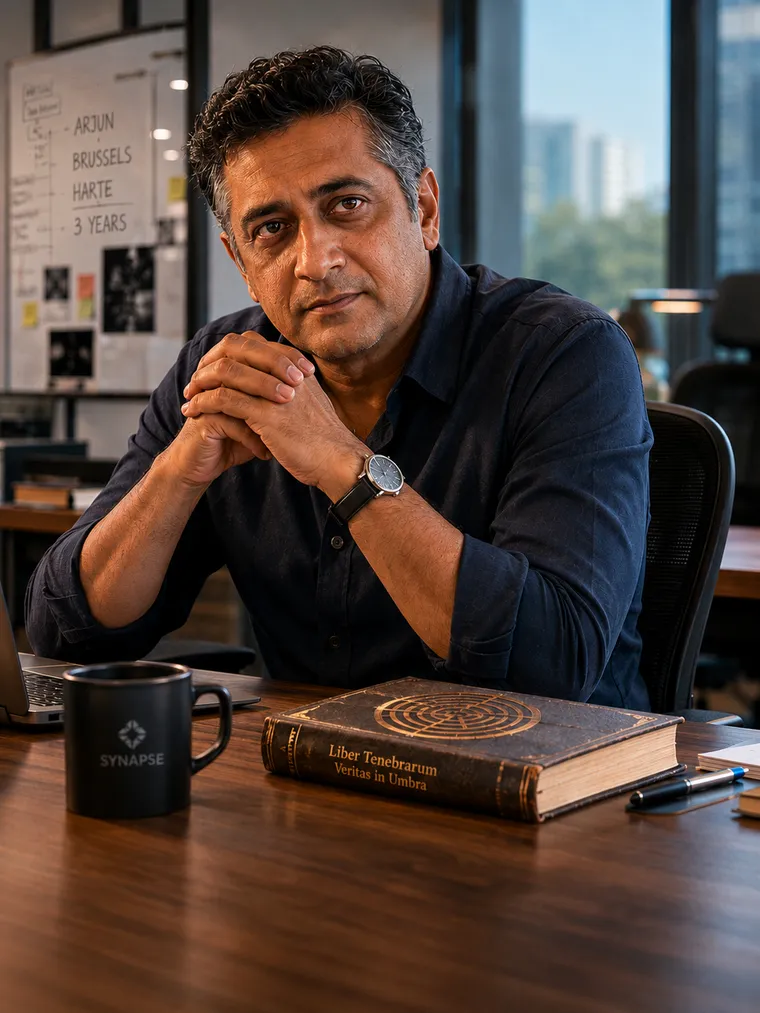 A man with his hands clasped at a desk, a whiteboard behind him reading Arjun, Brussels, Harte