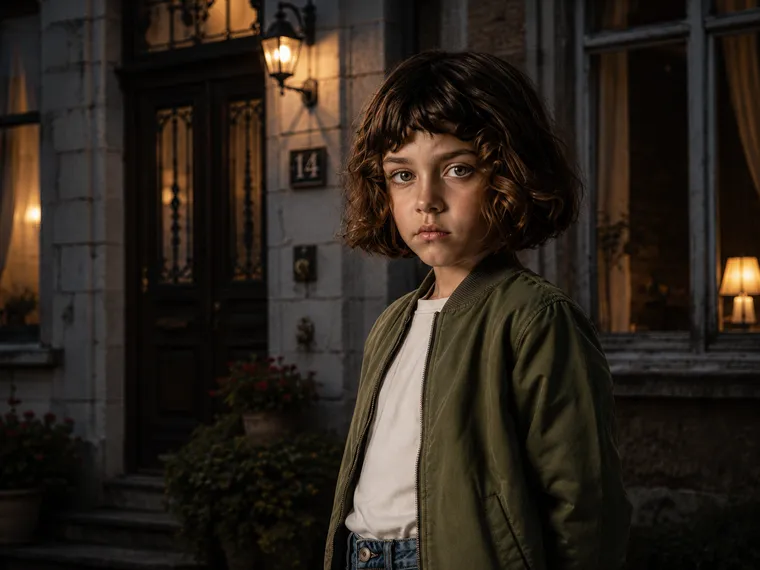 A girl with curly brown hair in a green jacket outside house number 14 at dusk