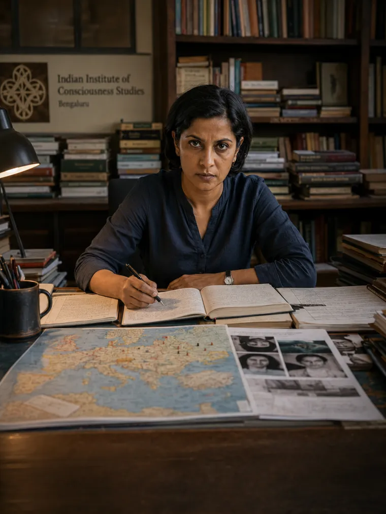 A woman writing in a notebook at a desk covered with maps and photographs