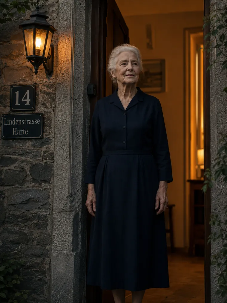 An elderly woman in a dark dress at a lit doorway on Lindenstrasse