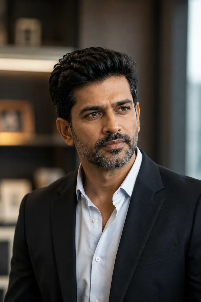 A bearded man in a black blazer and open white shirt