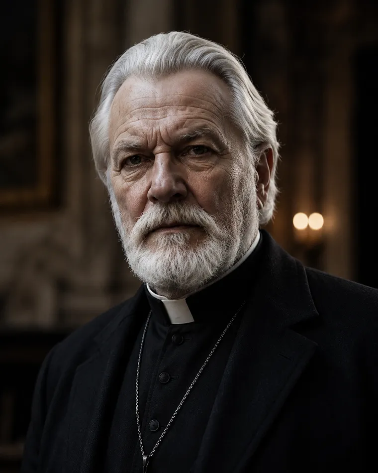 An older priest with a white beard in dark clerical dress