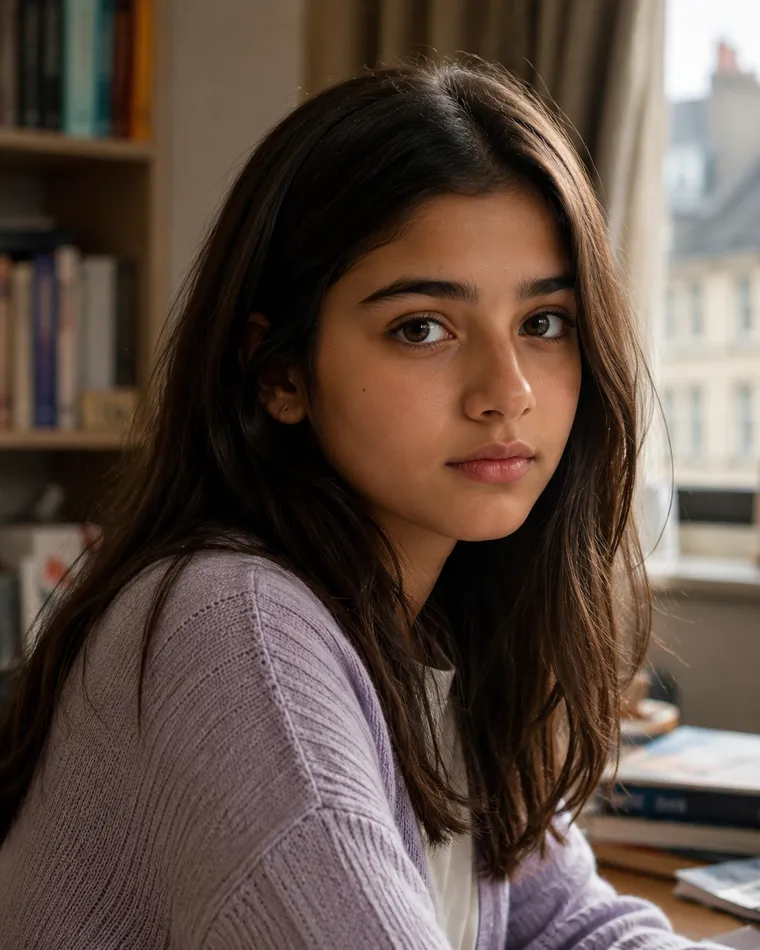 A teenage girl in a lilac cardigan beside a bookshelf