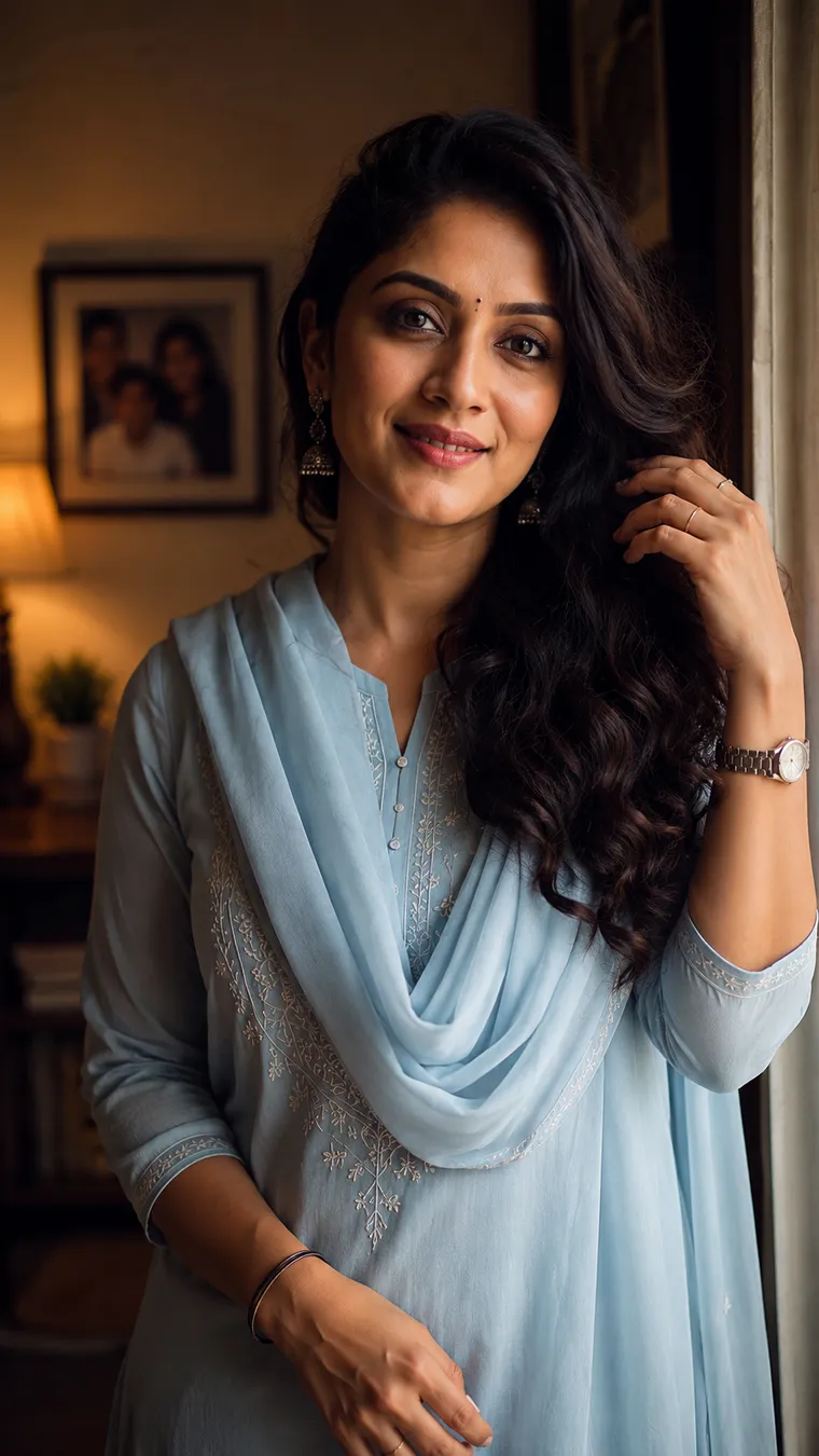 A woman in a pale blue kurta with a dupatta by a window