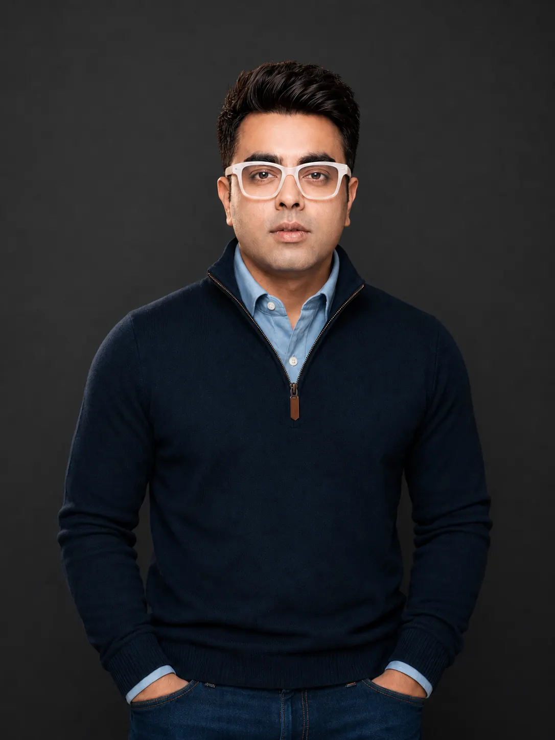 Vinay Trivedi in a maroon sweater and white glasses, standing against black