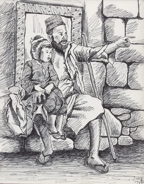 Pencil sketch of an old man pointing into the distance while a child sits beside him