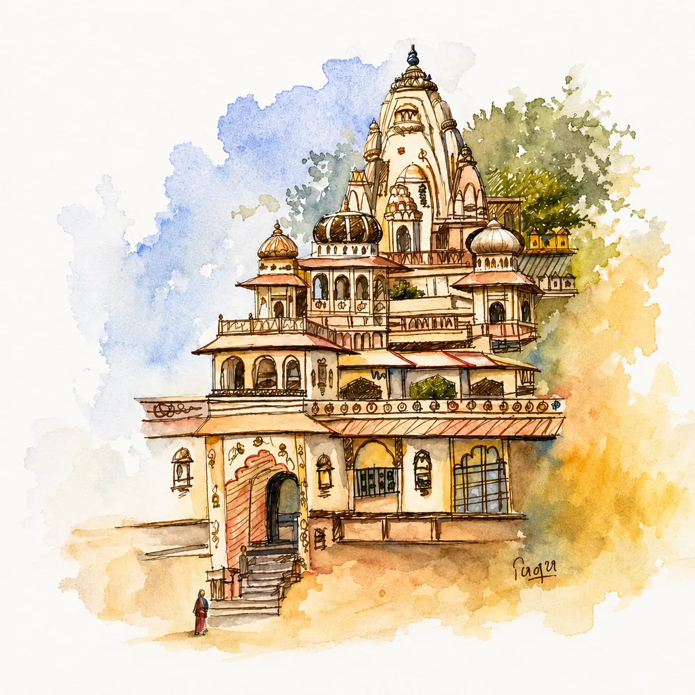 Watercolour and ink sketch of a many domed Indian temple with a lone figure at the steps